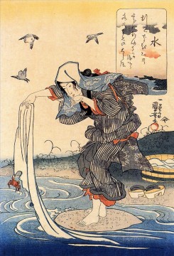 Utagawa Kuniyoshi Painting - Mujer lavando ropa en el río Utagawa Kuniyoshi Ukiyo e.